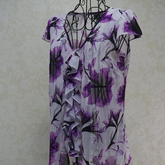 Worthington White Sheer Purple Floral Flutter Cap Sleeve Button Close Be… - Picture 6 of 13